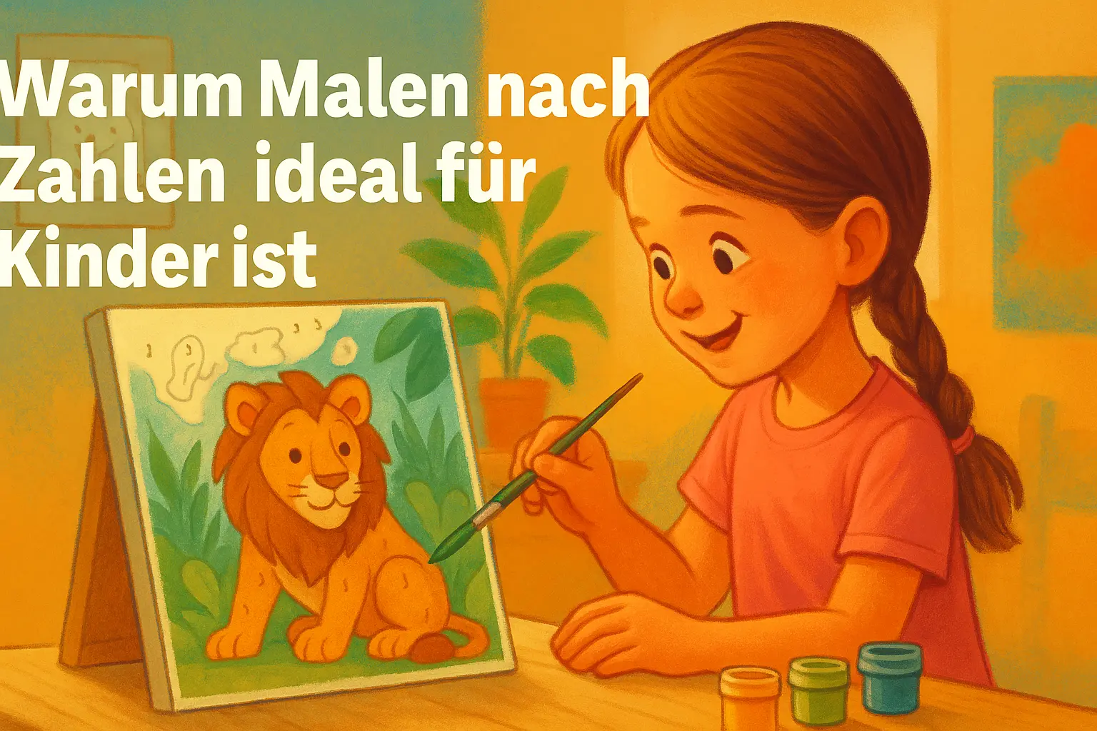 Happy girl kid painting a canvas paint by numbers